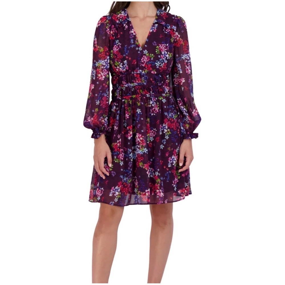 Julia Jordan‎ Floral Chiffon Dress Womens 4 Purple Cottagecore Romantic Smocked